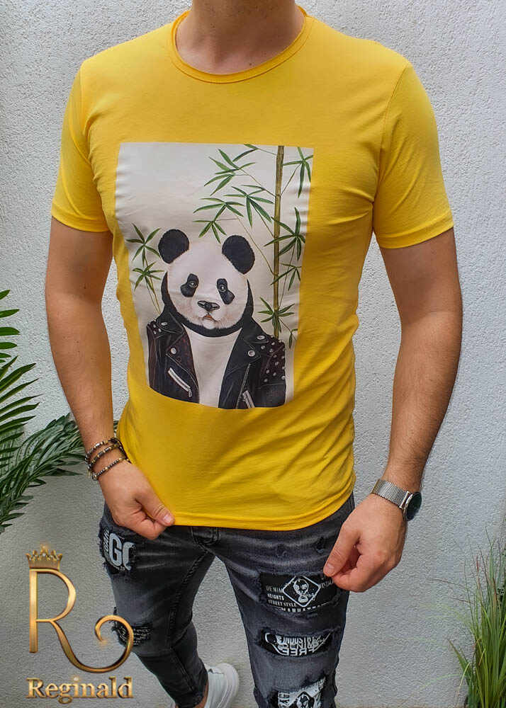 Tricou barbati slim fit galben Panda - TR801