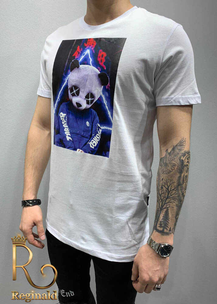 Tricou de barbati slim fit alb imprimeu Panda - TR151