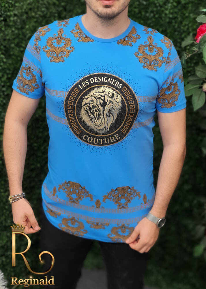 Tricou de barbati slim fit albastru imprimeu auriu Le Designers - TR164