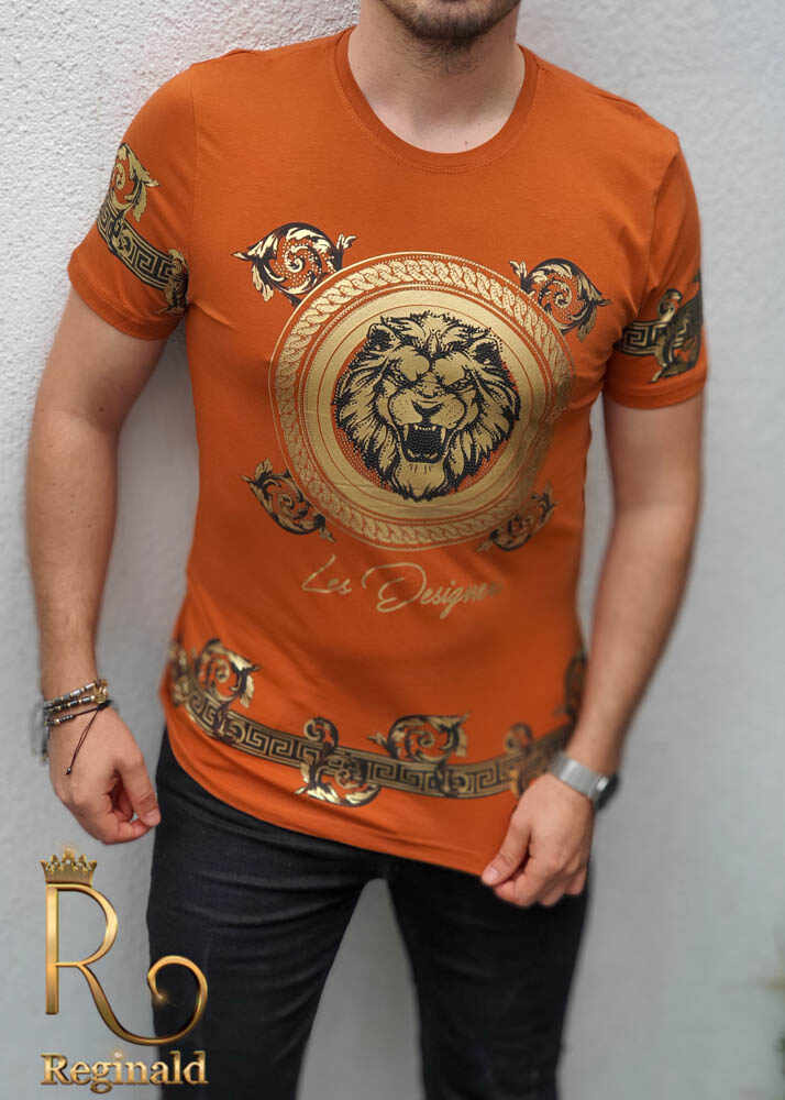 Tricou de barbati slim fit orange cu imprimeu auriu si strasuri - TR179