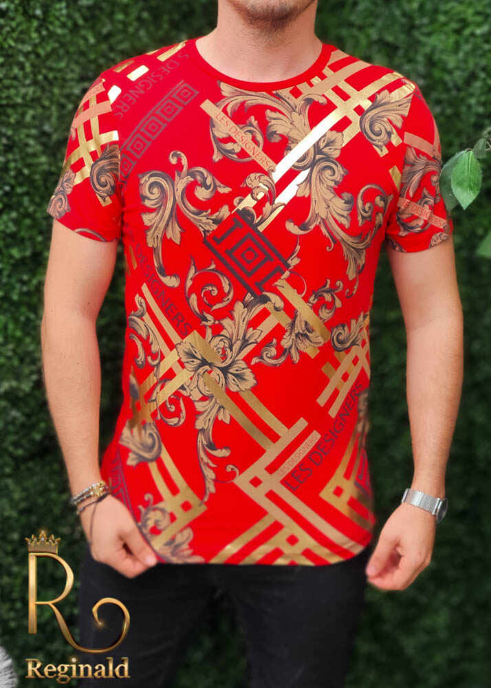 Tricou de barbati slim fit rosu cu imprimeu auriu Le Designers - TR175