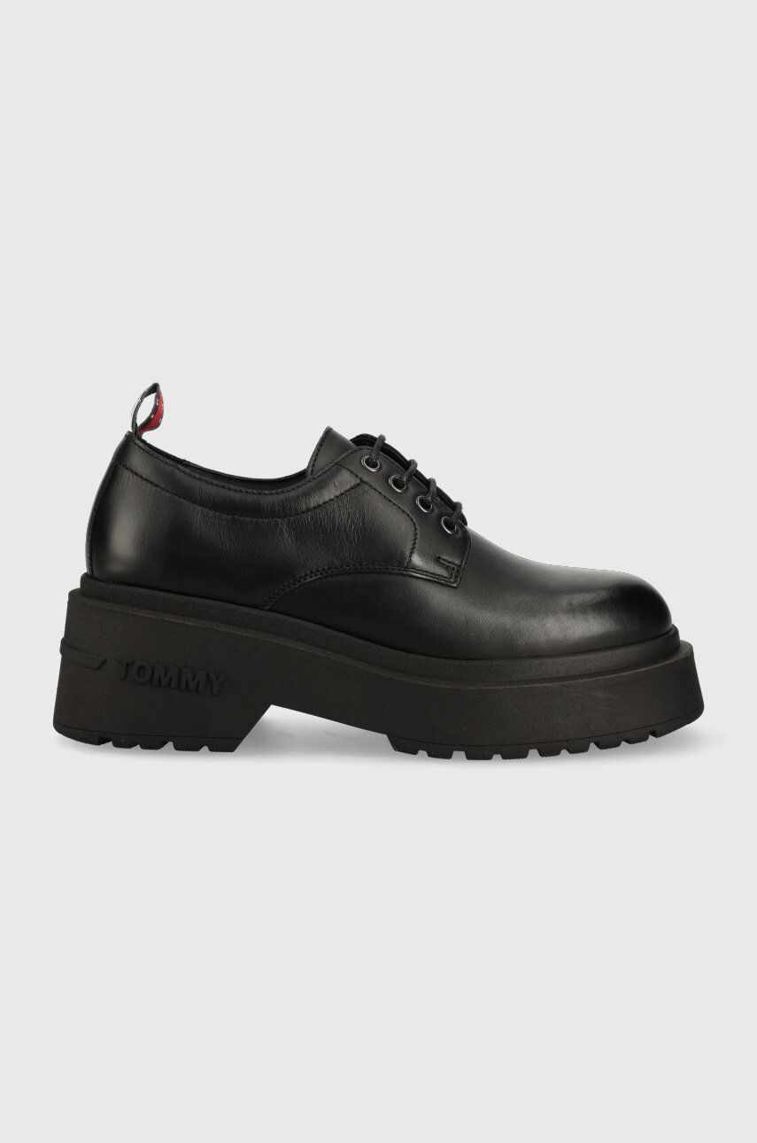 Tommy Jeans pantofi de piele TJW AVA LACE UP femei, culoarea negru, cu platforma, EN0EN02219