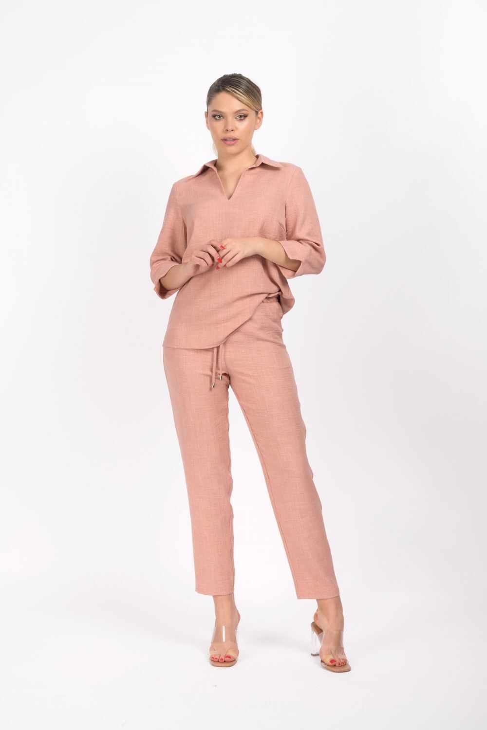 Pantaloni LaDonna lungi din vascoza de culoare roz prafuit