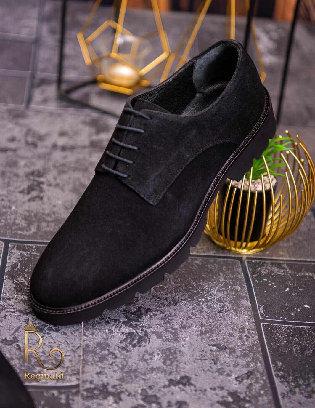 Pantofi cu siret barbatesti, negri din piele intoarsa - P1721
