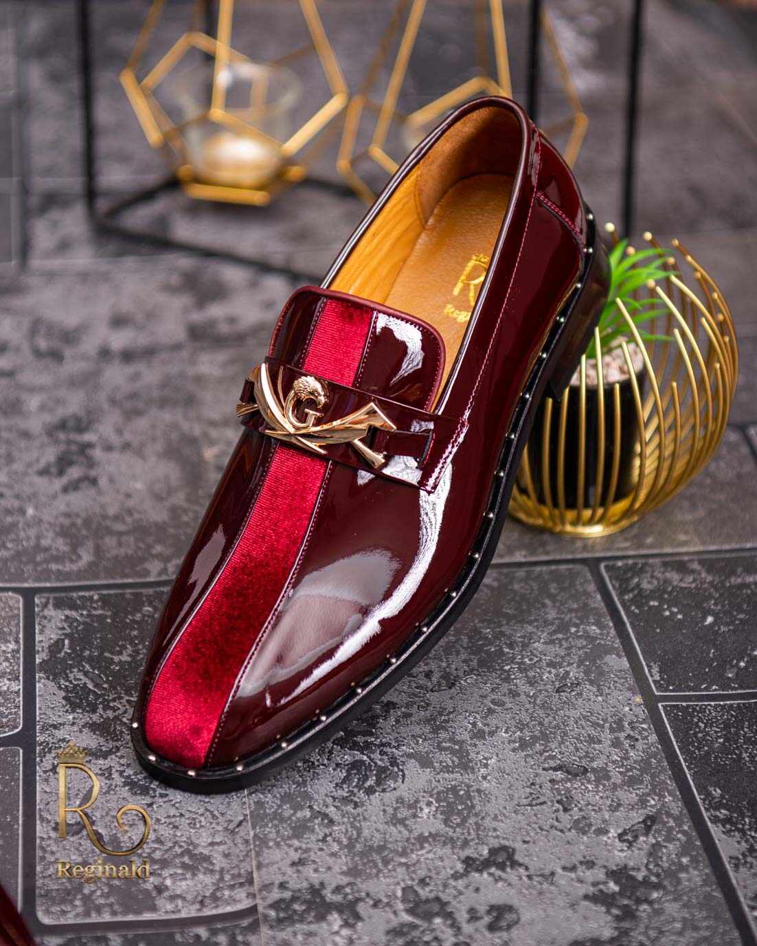 Pantofi Loafers barbatesti, bordeaux piele lacuita/catifea- P1734