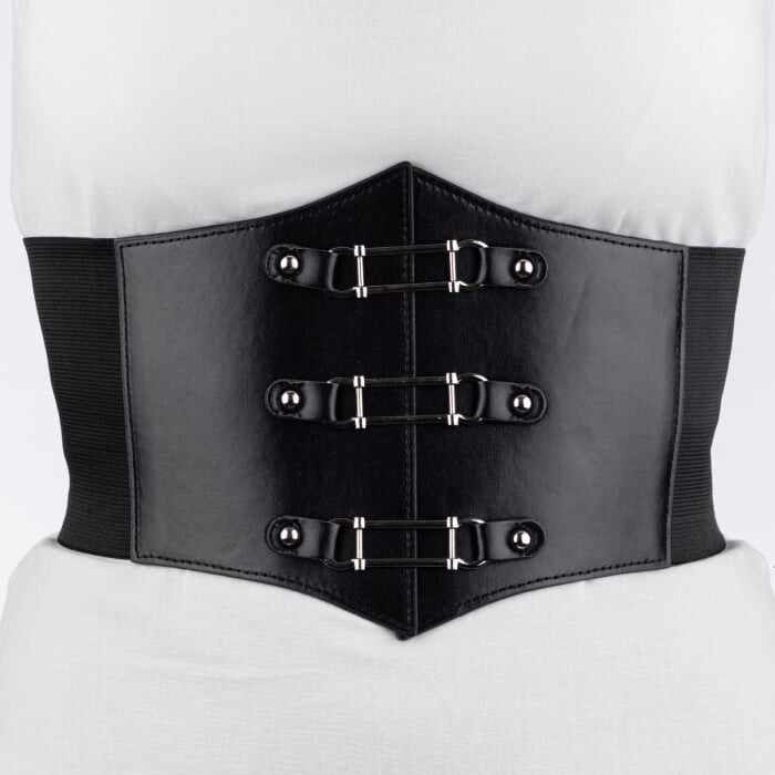 Centura corset lata din piele ecologica cu 3 elemente metalice argintii si elastic la spate