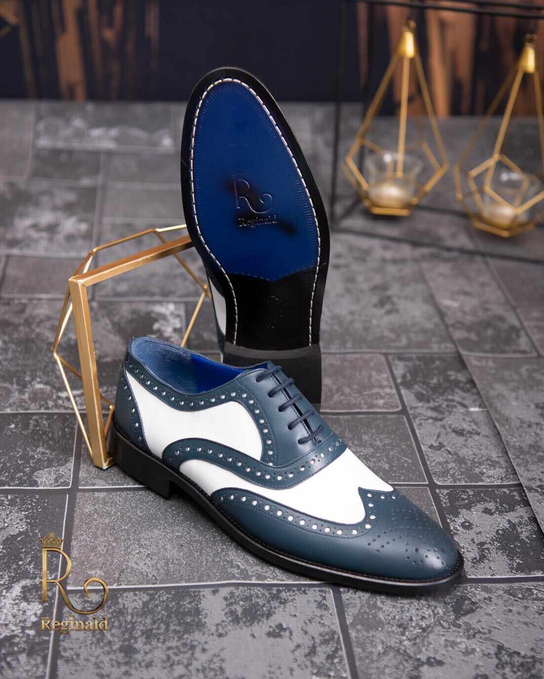 Pantofi de barbati, piele naturala,bleumarin cu alb ivoire - P1778