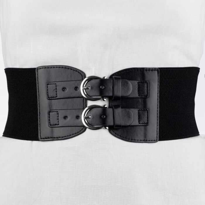 Centura corset lata din piele ecologica cu doua catarame argintii in fata si elastic la spate