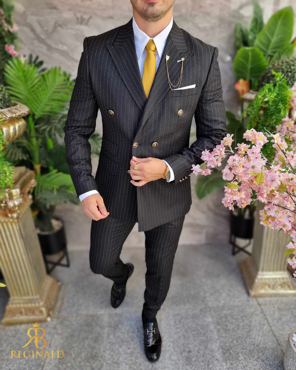 Costum elegant de bărbați, Negru cu butoni aurii, Sacou si Pantalon - C4308