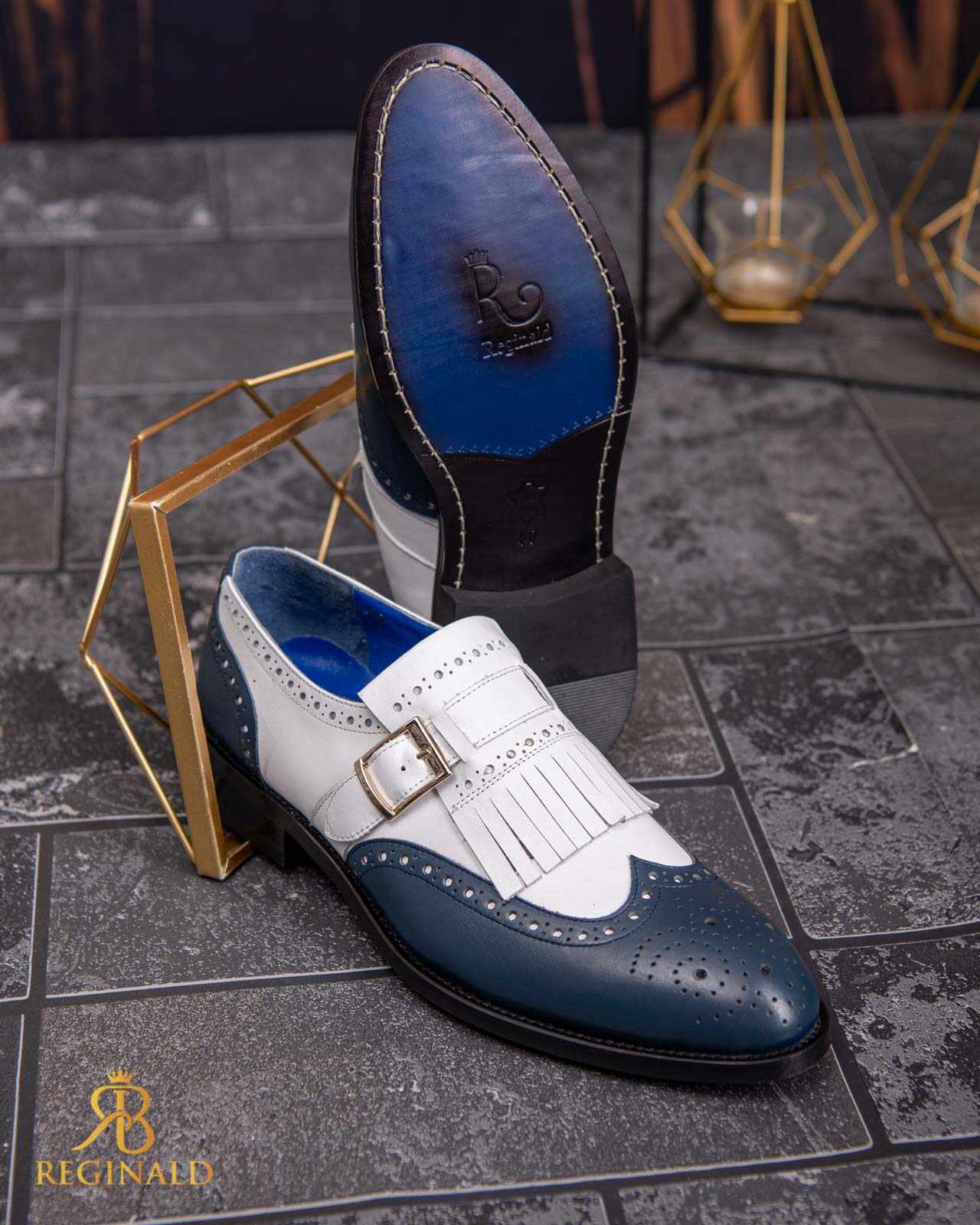 Pantofi Loafers albastri/ivoire, cu catarama, piele naturala- P1793