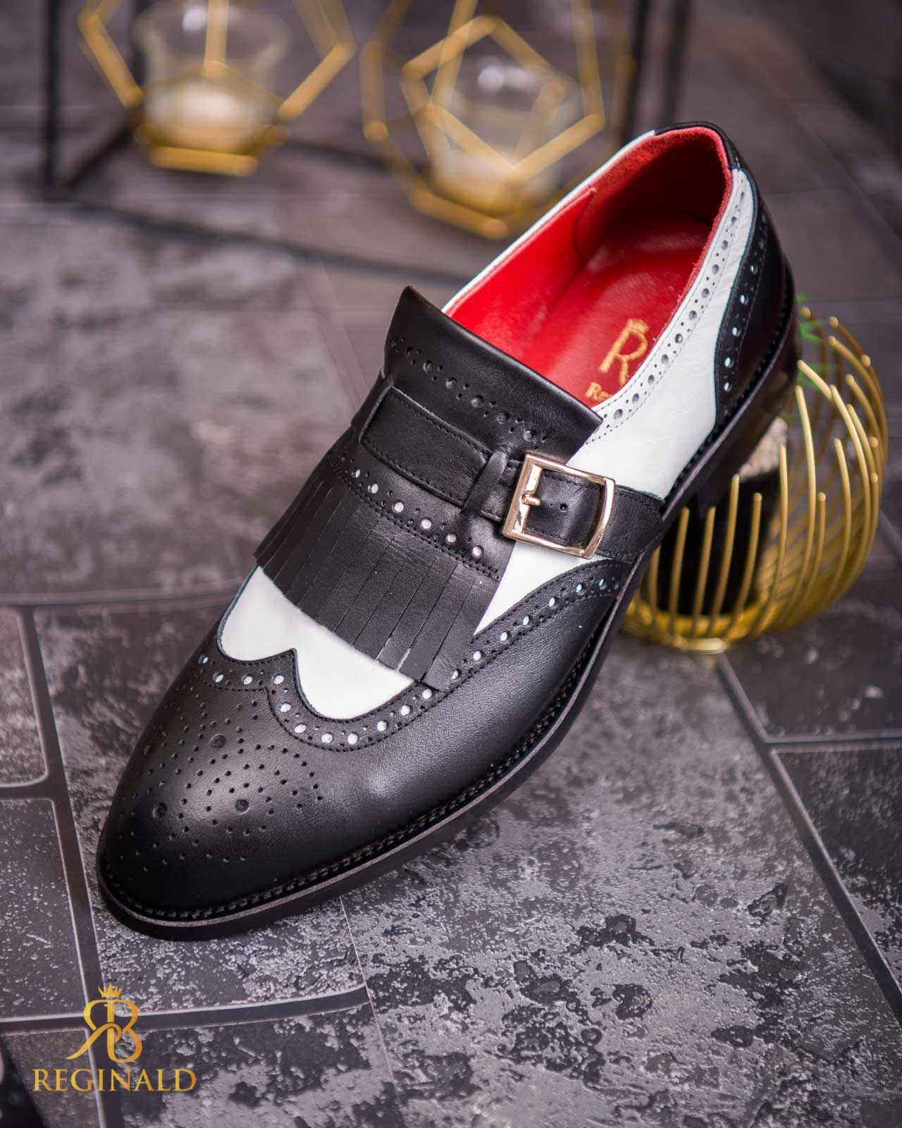 Pantofi Loafers negri/ivoire, cu catarama, piele naturala- P1794