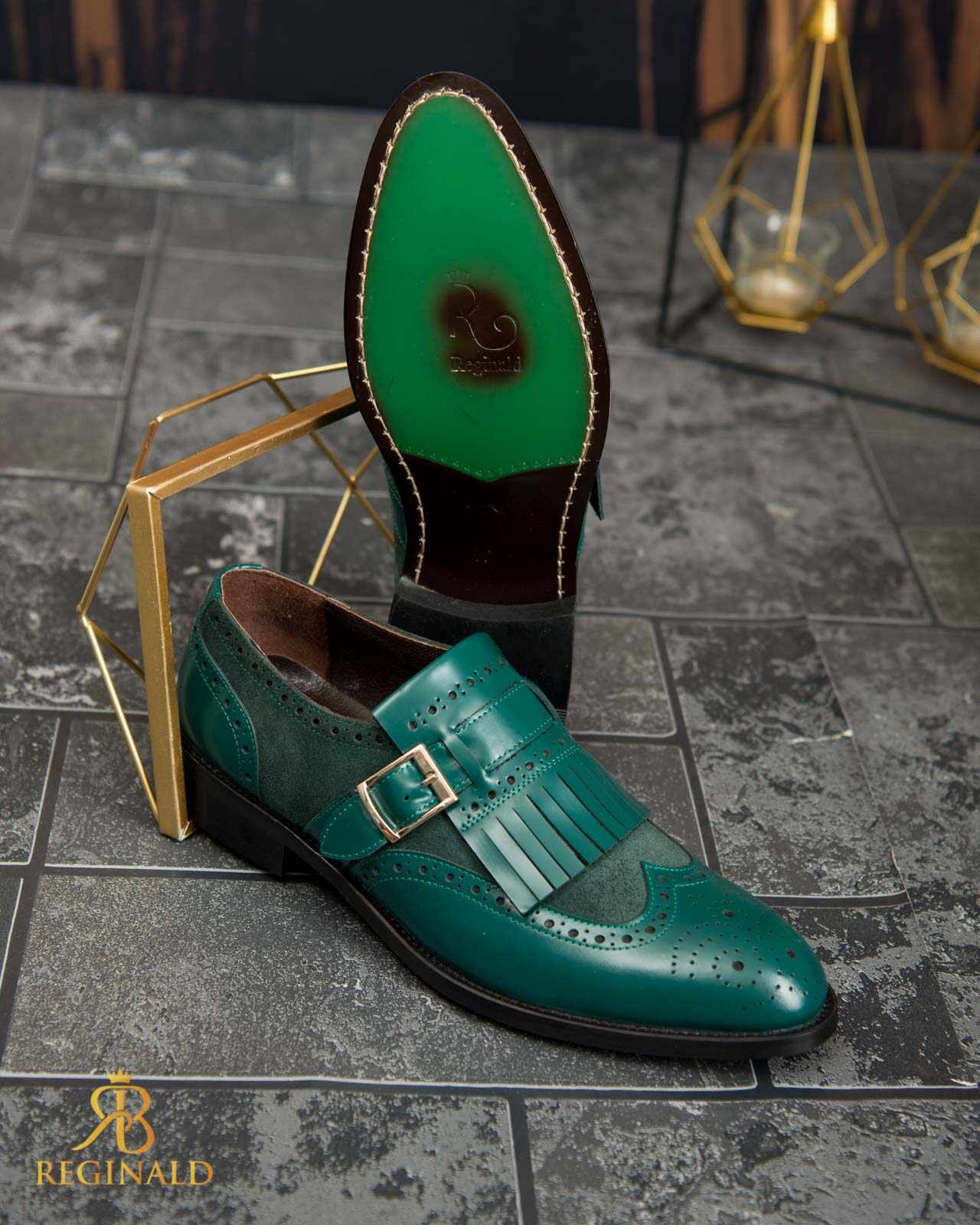 Pantofi Loafers verzi, cu catarama, piele naturala- P1791