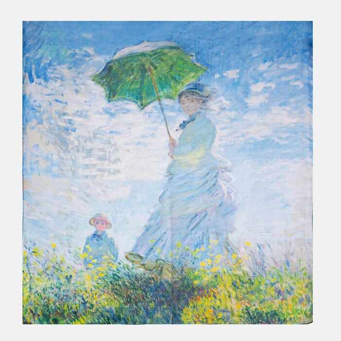Esarfa patrata cu o singura fata imprimata cu reproducerea dupa Fata cu umbrela a lui Claude Monet