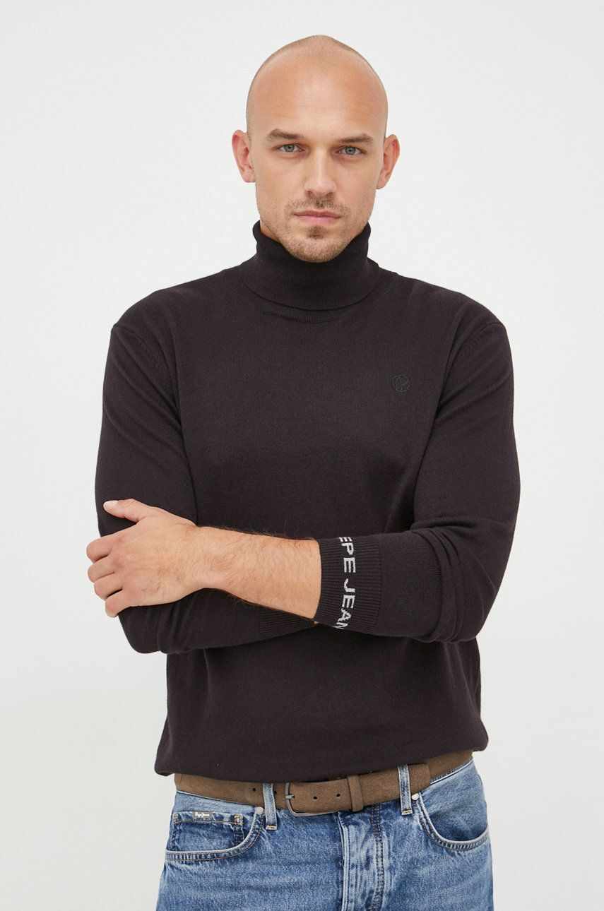 Pepe Jeans pulover din amestec de lana barbati, culoarea negru, light, cu guler