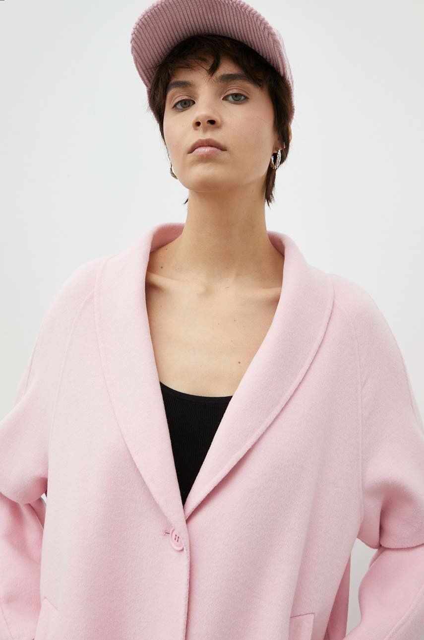 American Vintage palton de lana culoarea roz, de tranzitie, oversize