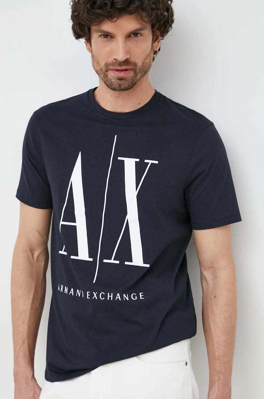 Armani Exchange tricou din bumbac Culoarea albastru marin, cu imprimeu