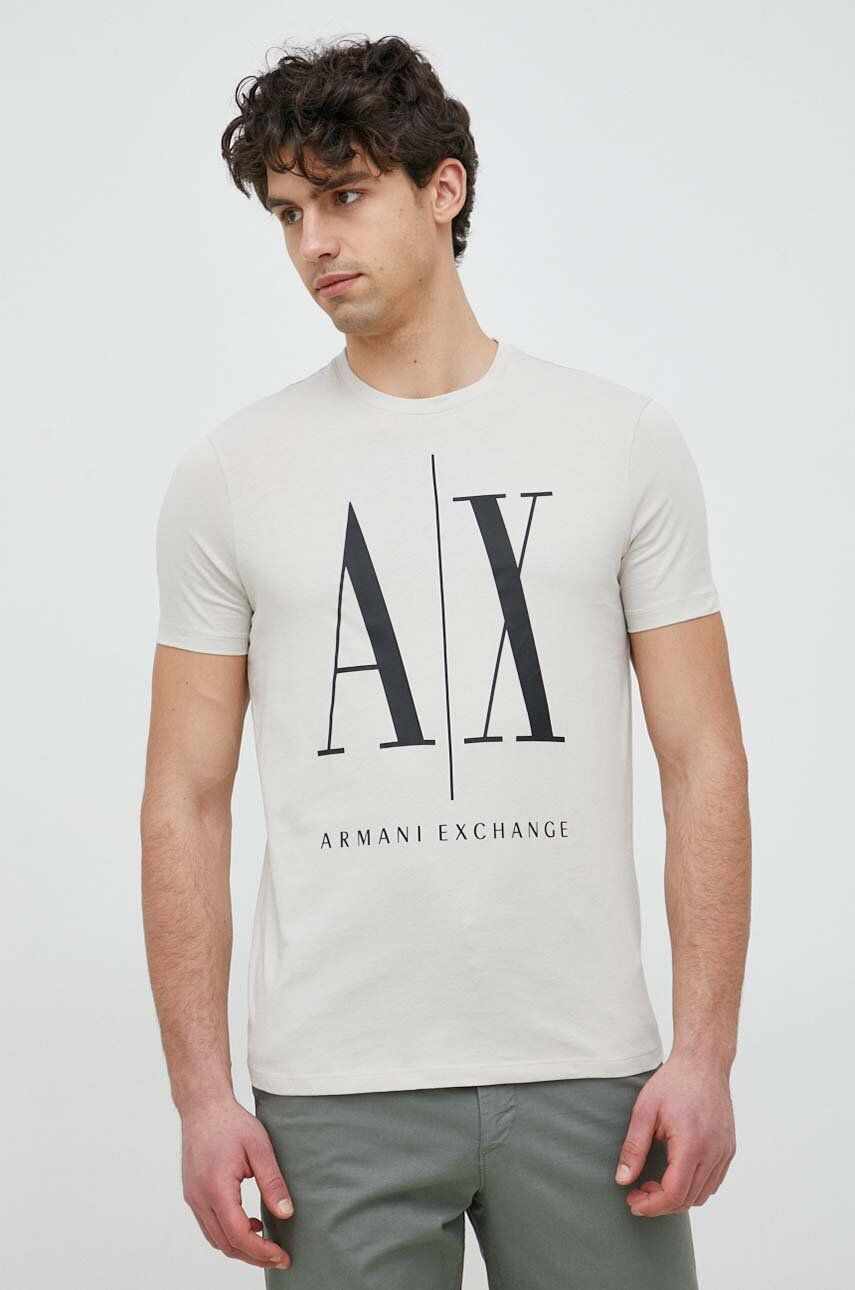 Armani Exchange tricou din bumbac culoarea bej, cu imprimeu
