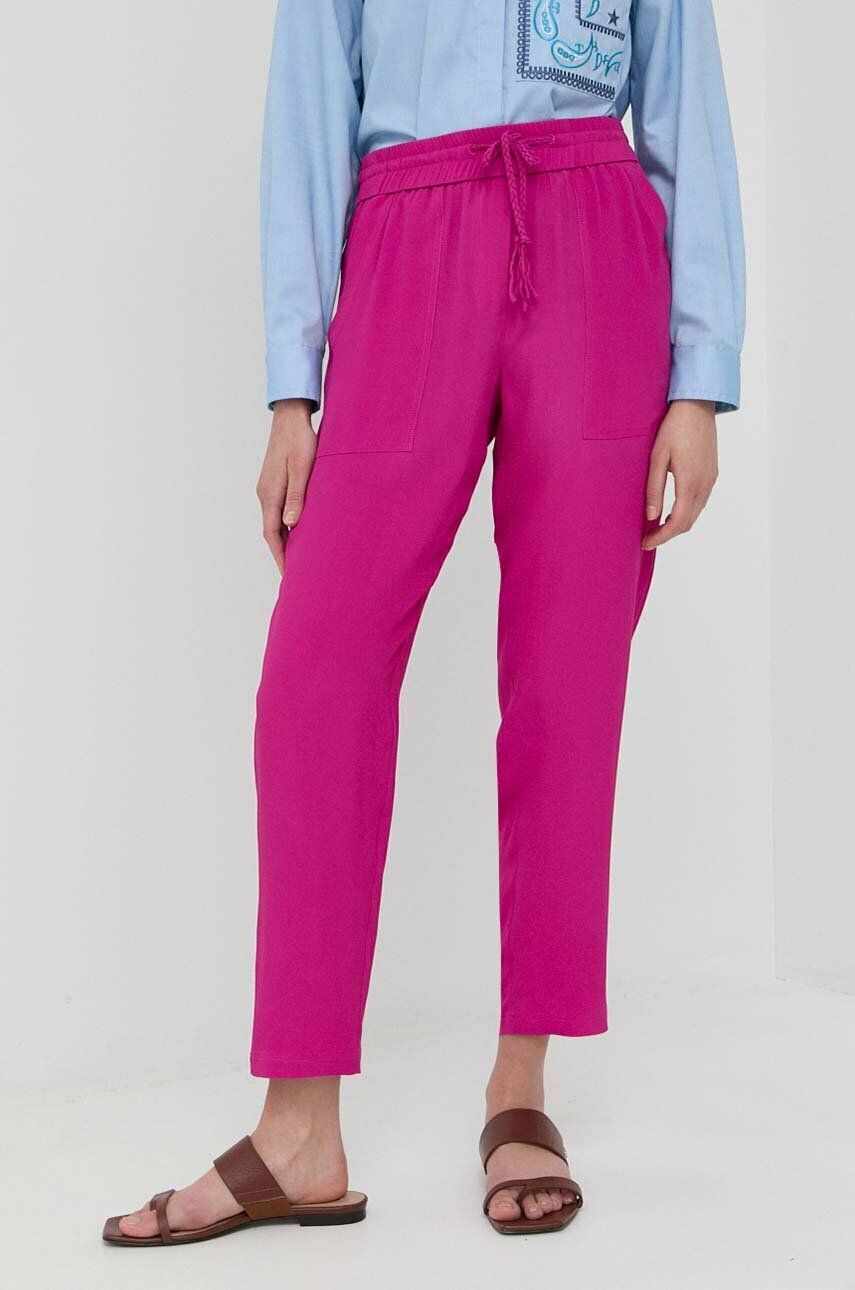 Marella pantaloni de matase culoarea roz, drept, high waist