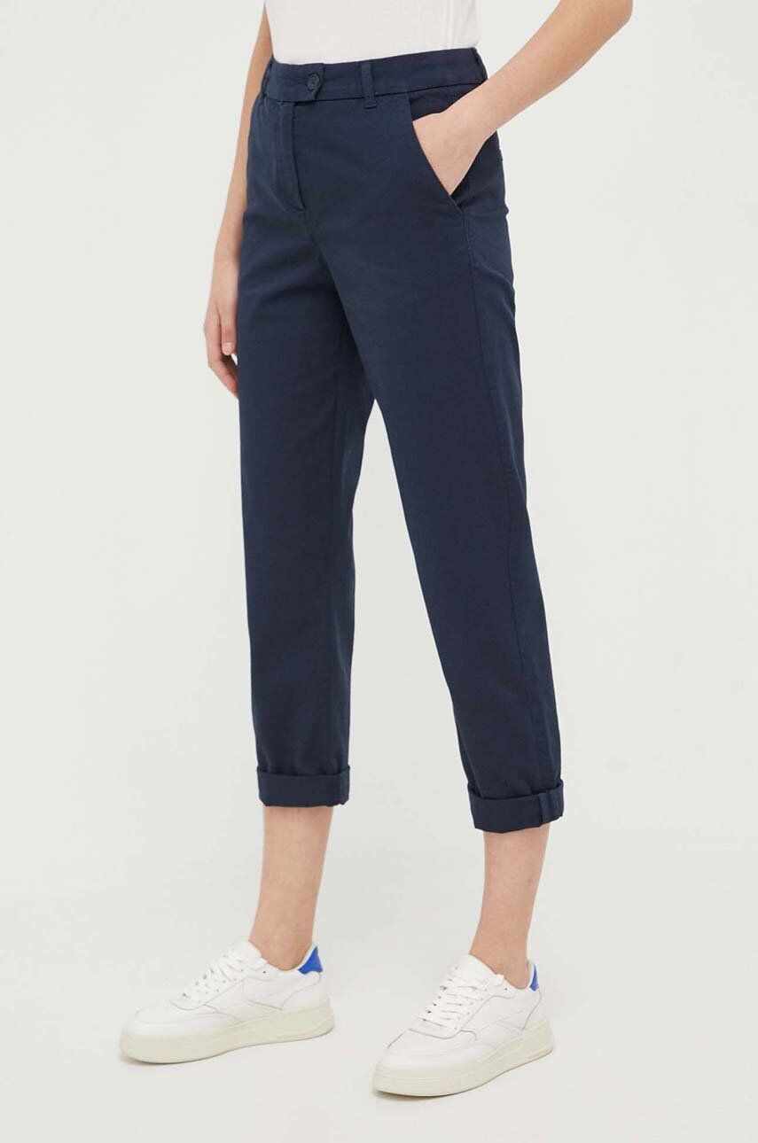 United Colors of Benetton pantaloni femei, culoarea albastru marin, fason chinos, high waist