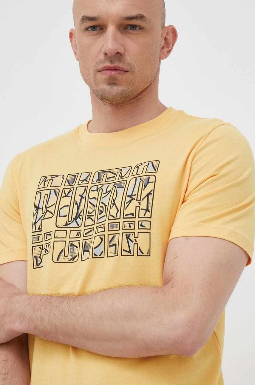 Puma tricou din bumbac culoarea galben, cu imprimeu