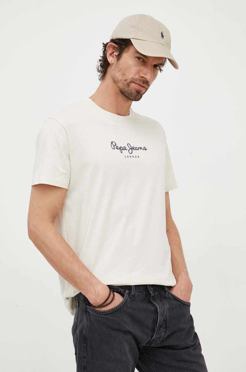 Pepe Jeans tricou din bumbac Edward Tee culoarea bej, cu imprimeu