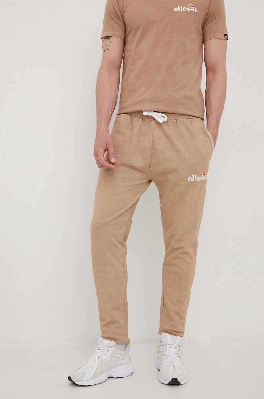 Ellesse pantaloni de trening din bumbac barbati, culoarea maro, cu imprimeu SHM13147-BROWN