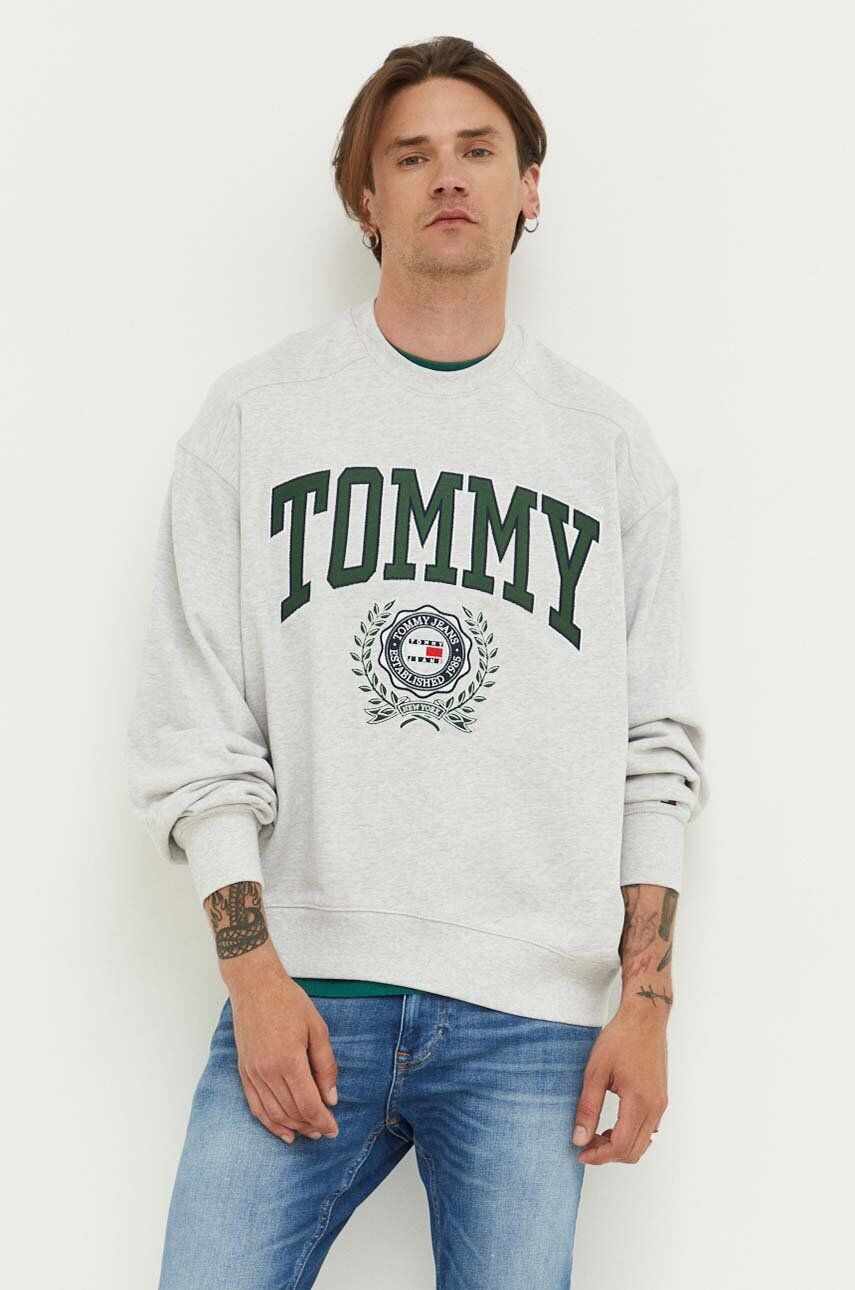Tommy Jeans hanorac de bumbac barbati, culoarea gri, cu imprimeu