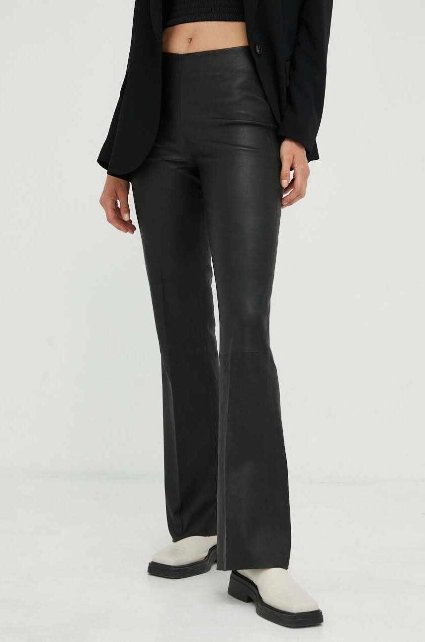 Day Birger et Mikkelsen pantaloni de piele femei, culoarea negru, evazati, high waist
