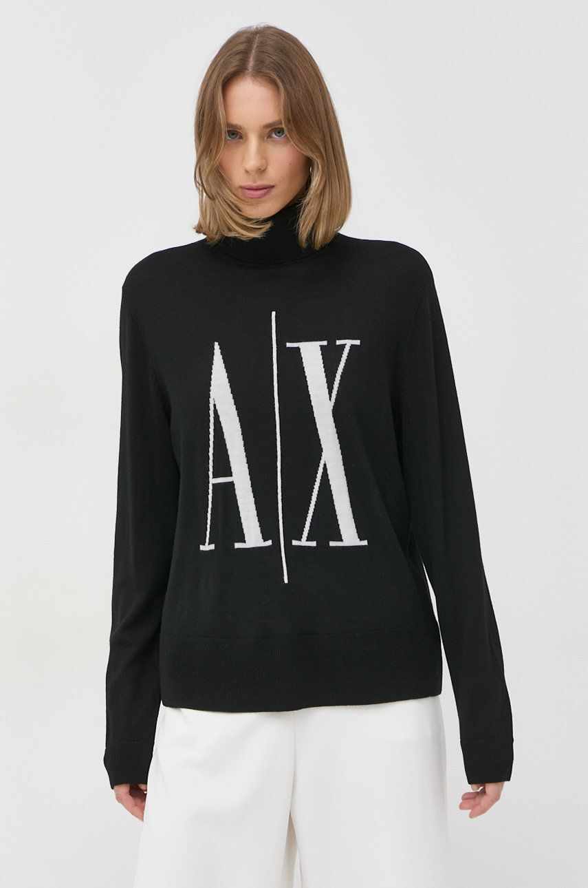 Armani Exchange pulover de lana femei, culoarea negru, light, cu guler