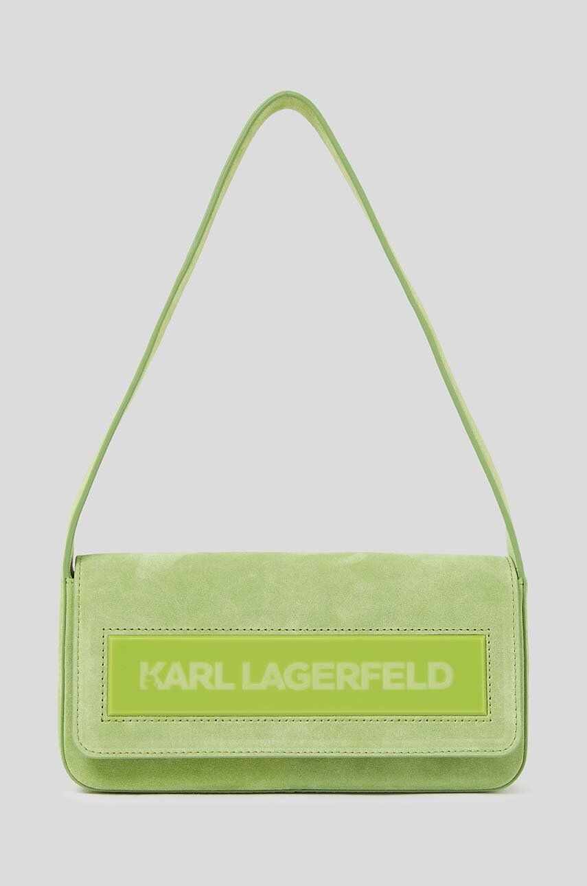 Karl Lagerfeld geanta de mana din piele intoarsa ICON K MD FLAP SHB SUEDE culoarea verde