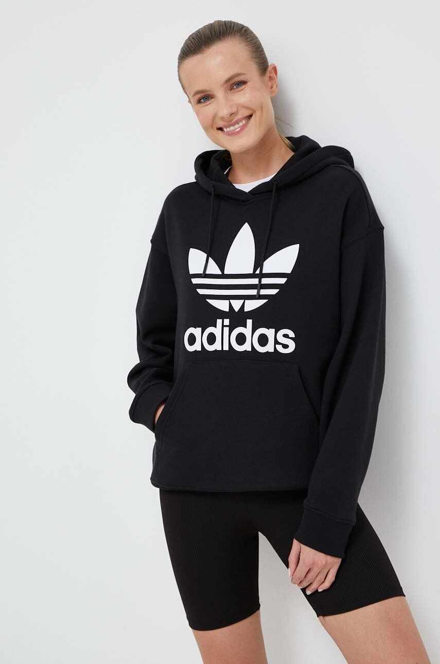 adidas Originals hanorac de bumbac femei, culoarea negru, cu glugă, cu imprimeu