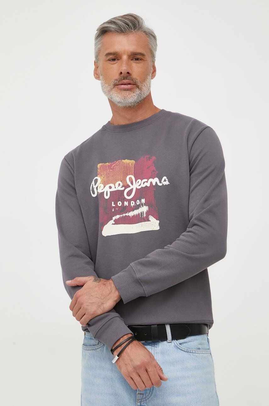Pepe Jeans hanorac de bumbac Melbourne barbati, culoarea gri, cu imprimeu