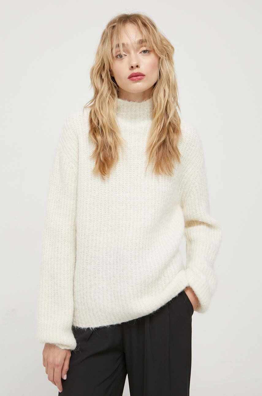 Bruuns Bazaar pulover de lana femei, culoarea bej, călduros, cu turtleneck
