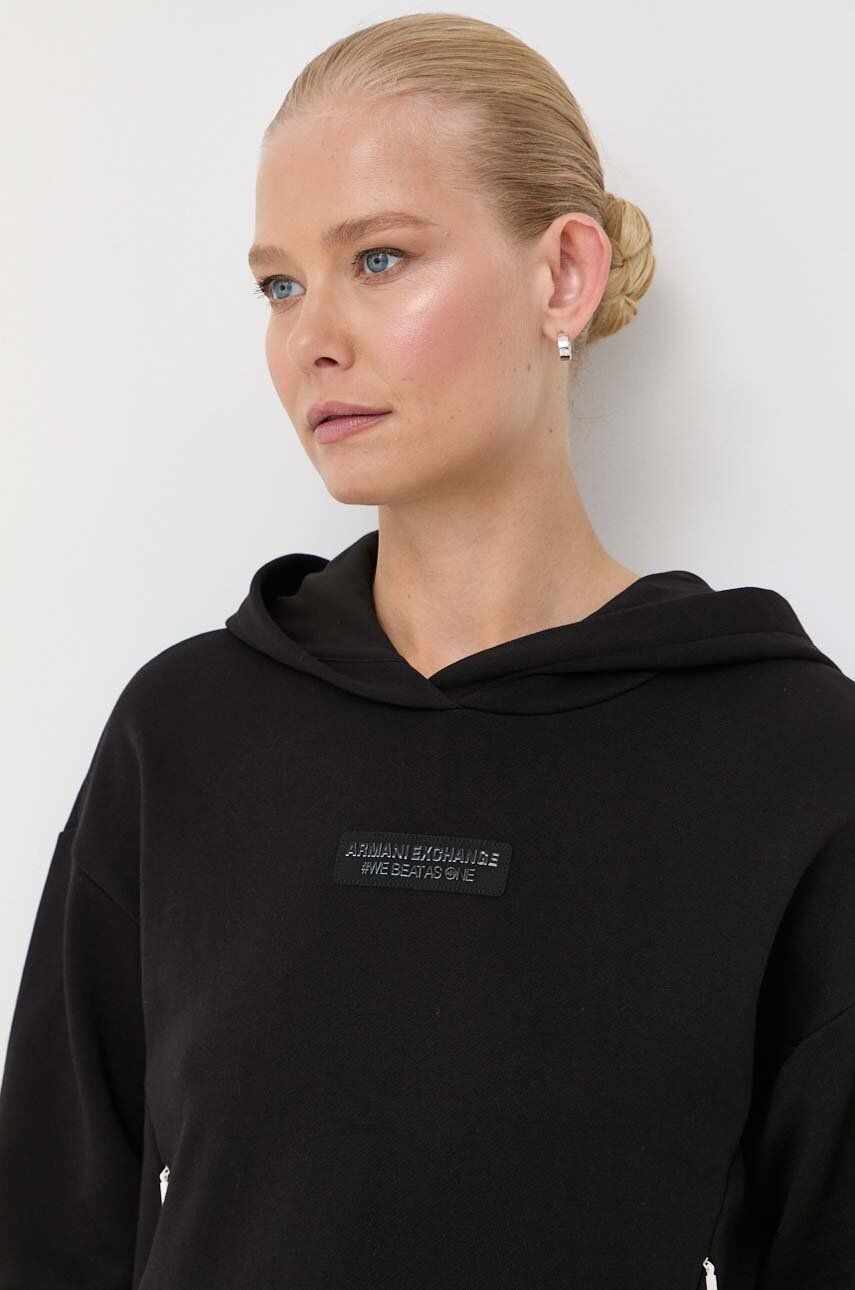 Armani Exchange bluza femei, culoarea negru, cu glugă, cu imprimeu
