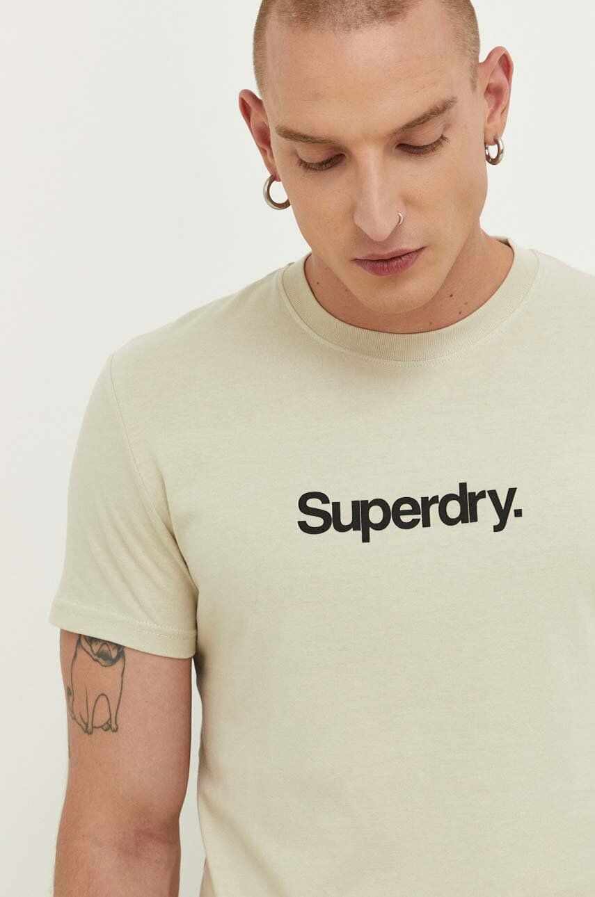 Superdry tricou din bumbac culoarea bej, cu imprimeu