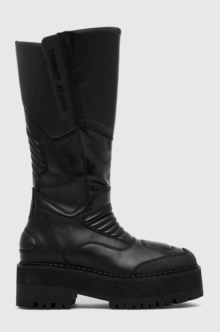 Tommy Jeans cizme TJW LONG SHAFT BIKER BOOT femei, culoarea negru, cu toc plat, izolare usoara, EN0EN02376