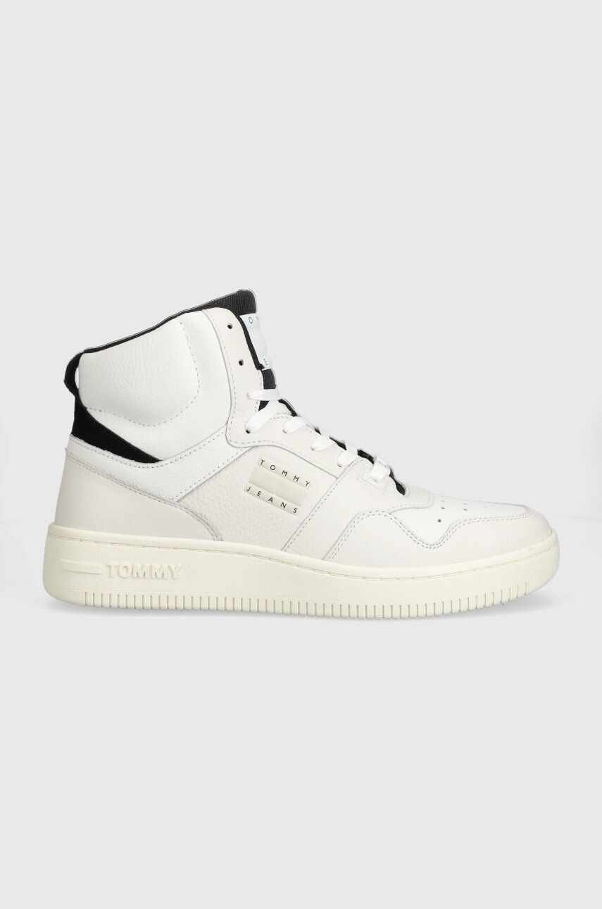 Tommy Jeans sneakers din piele TJM BASKET MID LEATHER culoarea alb, EM0EM01258