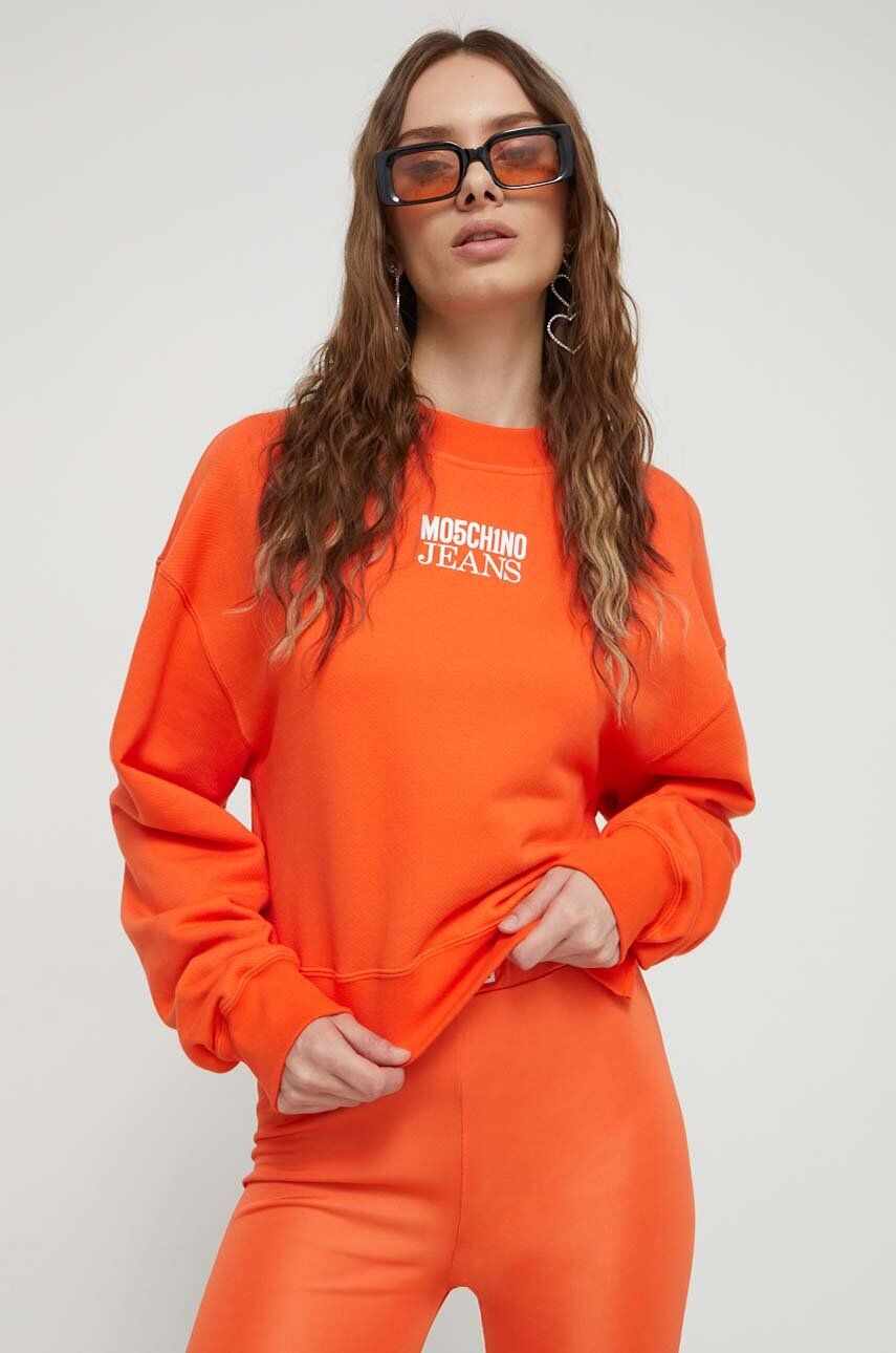Moschino Jeans hanorac de bumbac femei, culoarea portocaliu, cu imprimeu