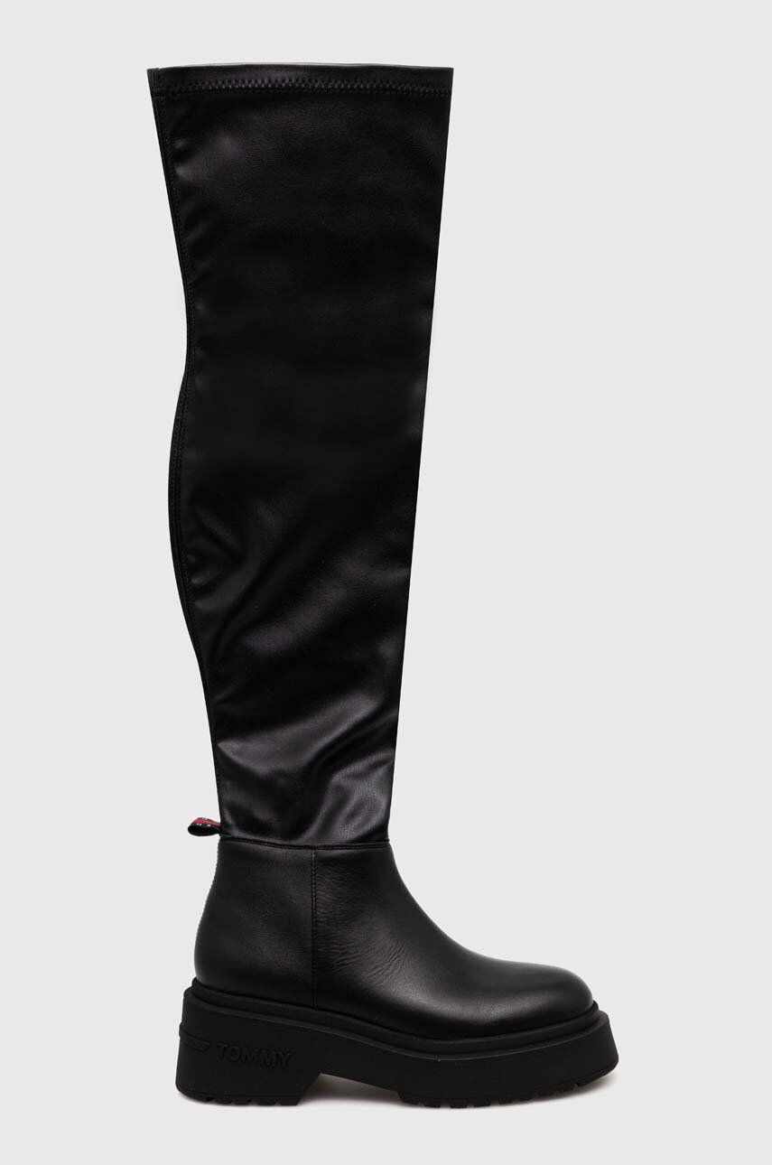 Tommy Jeans cizme TJW OVER THE KNEE BOOTS femei, culoarea negru, cu platforma, EN0EN02254