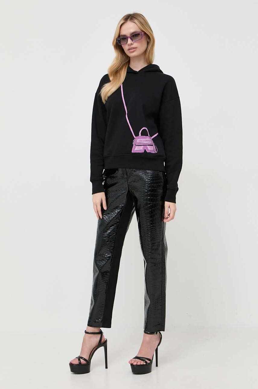 Karl Lagerfeld bluza femei, culoarea negru, cu glugă, cu imprimeu