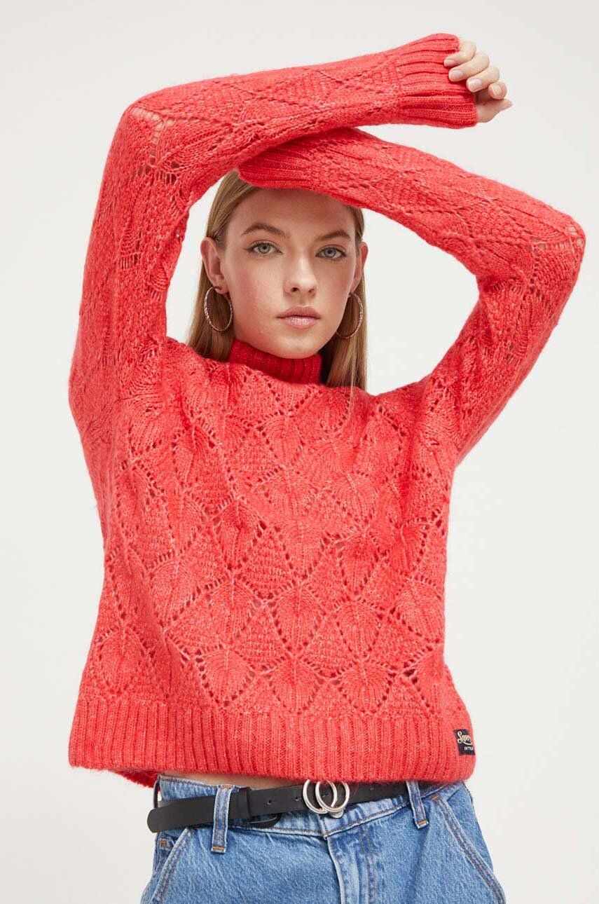 Superdry pulover din amestec de lana femei, culoarea portocaliu, cu turtleneck