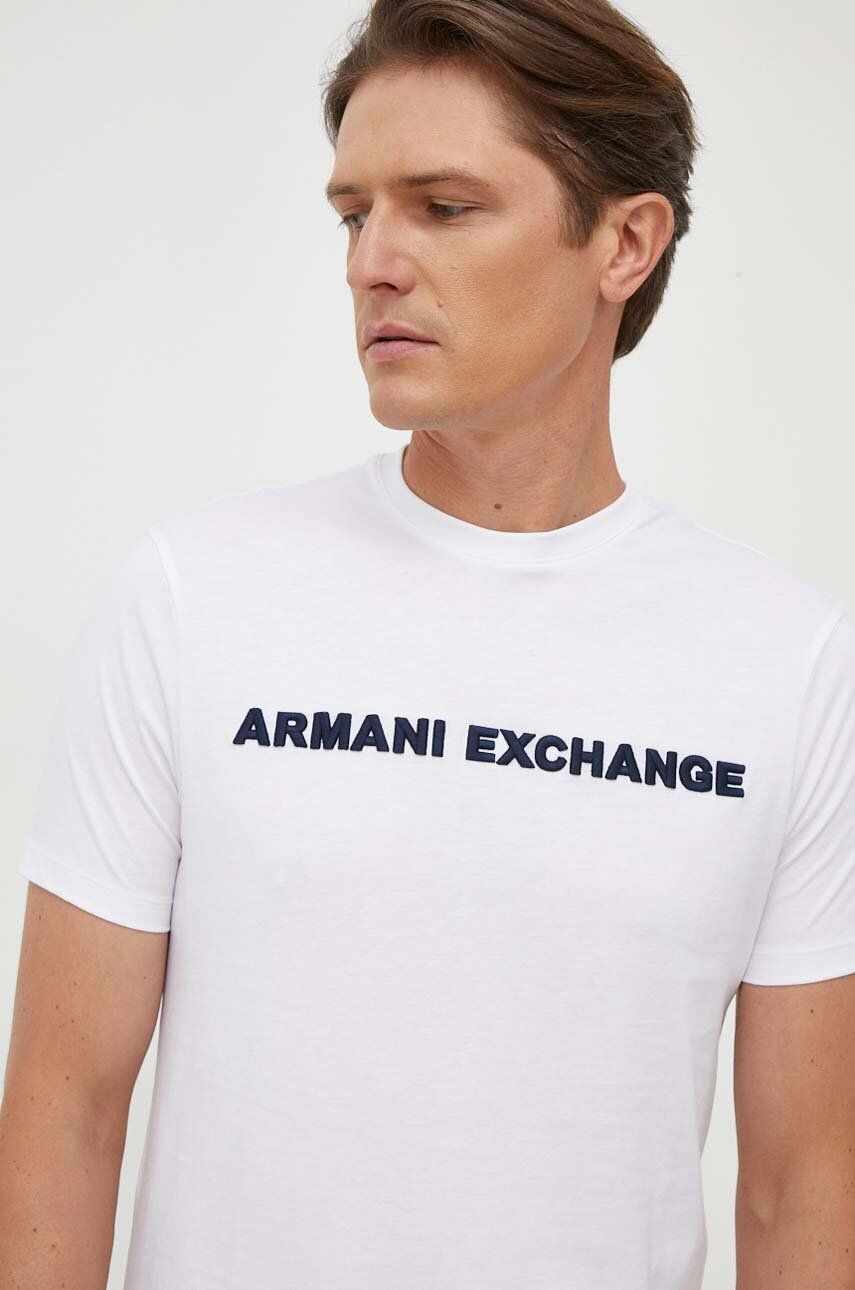 Armani Exchange tricou din bumbac culoarea alb, cu imprimeu