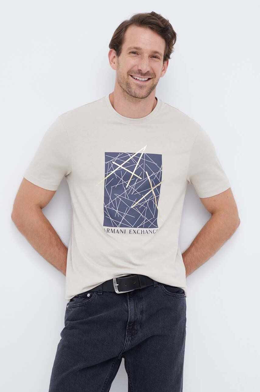 Armani Exchange tricou din bumbac culoarea maro, cu imprimeu