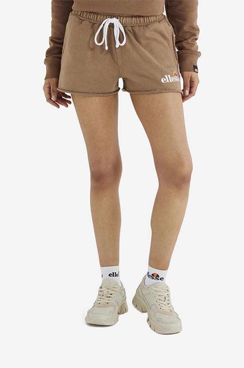 Ellesse pantaloni scurți din bumbac Colieur culoarea maro, cu imprimeu, medium waist SGM14015-PINK