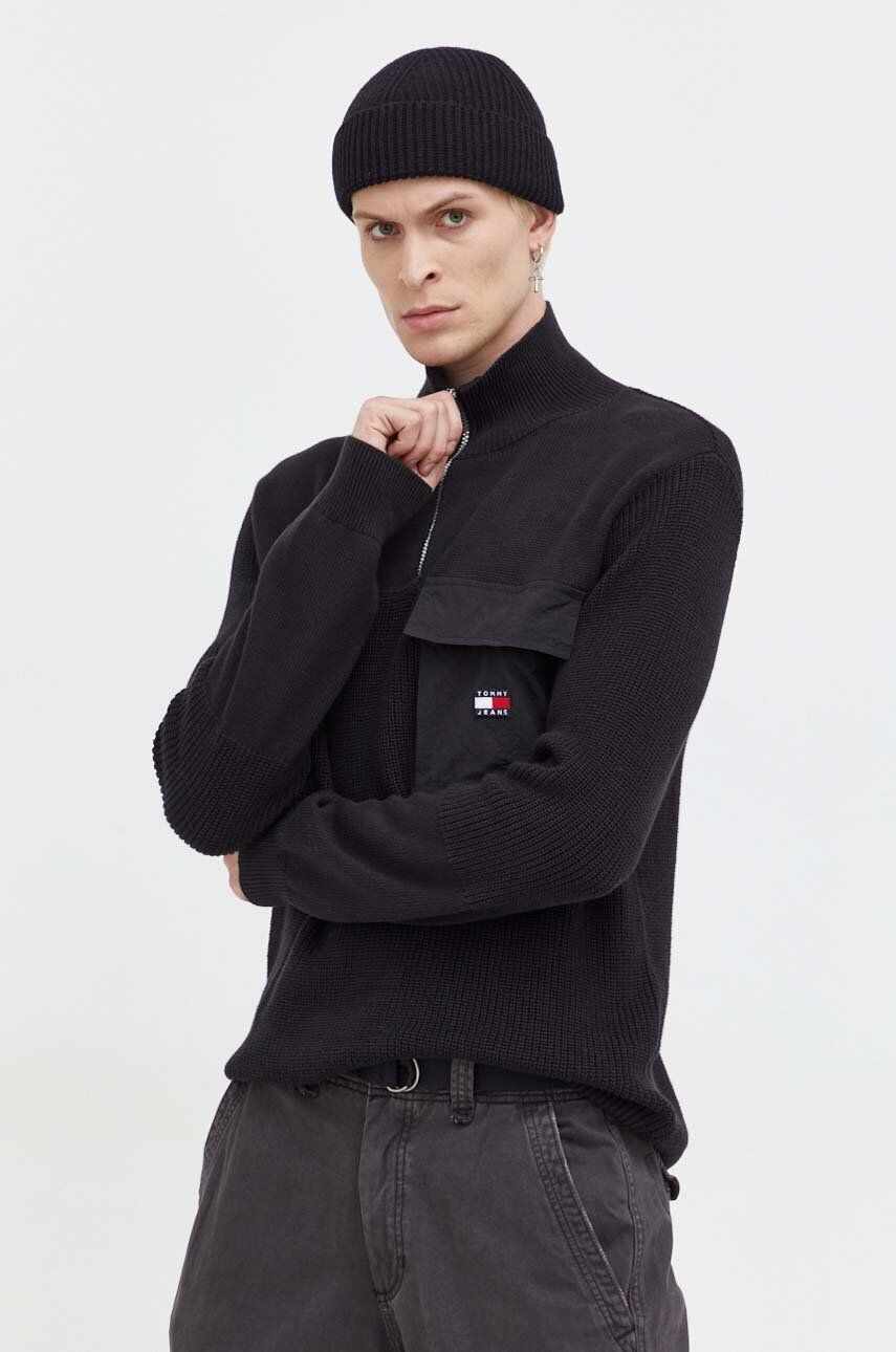 Tommy Jeans pulover de bumbac culoarea negru, cu turtleneck