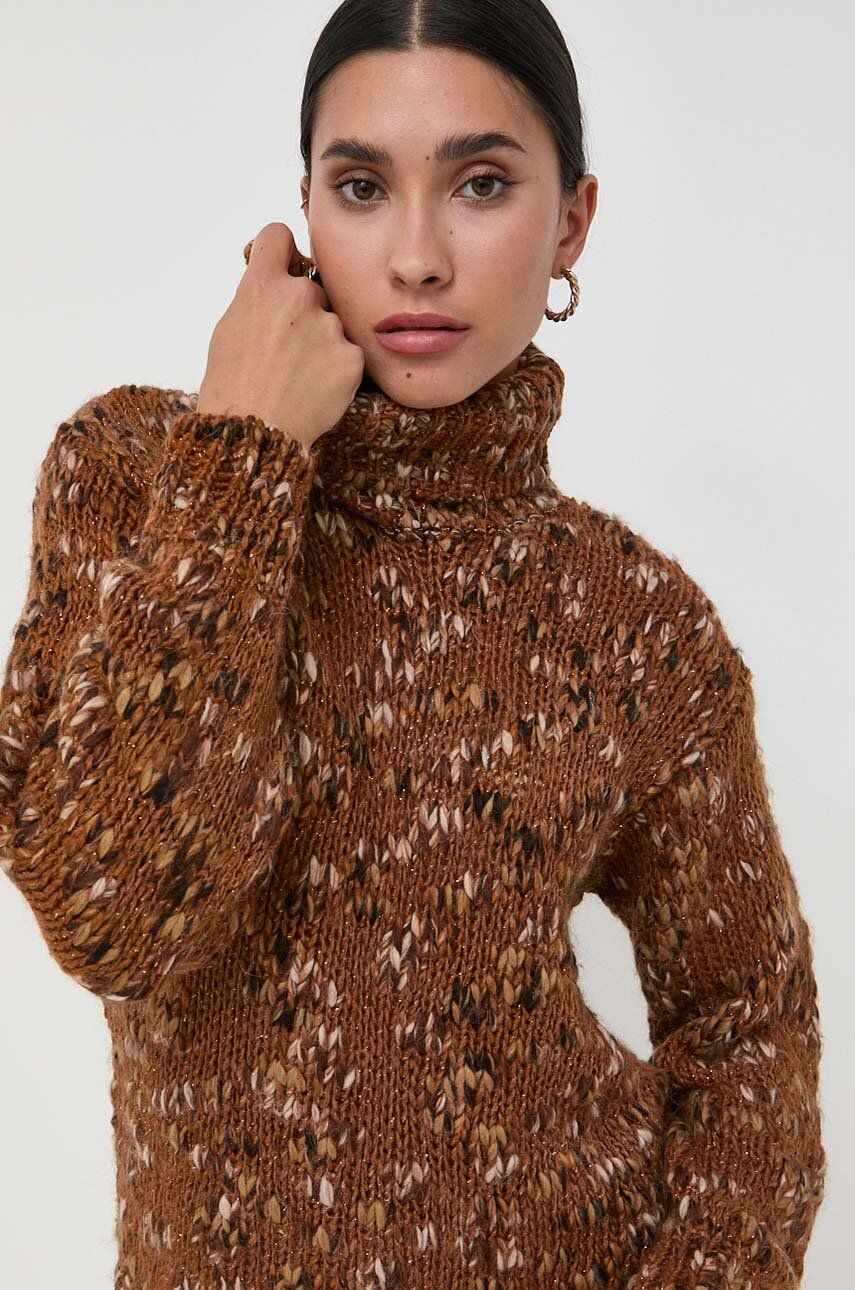 Luisa Spagnoli pulover din amestec de lana femei, culoarea maro, călduros, cu guler