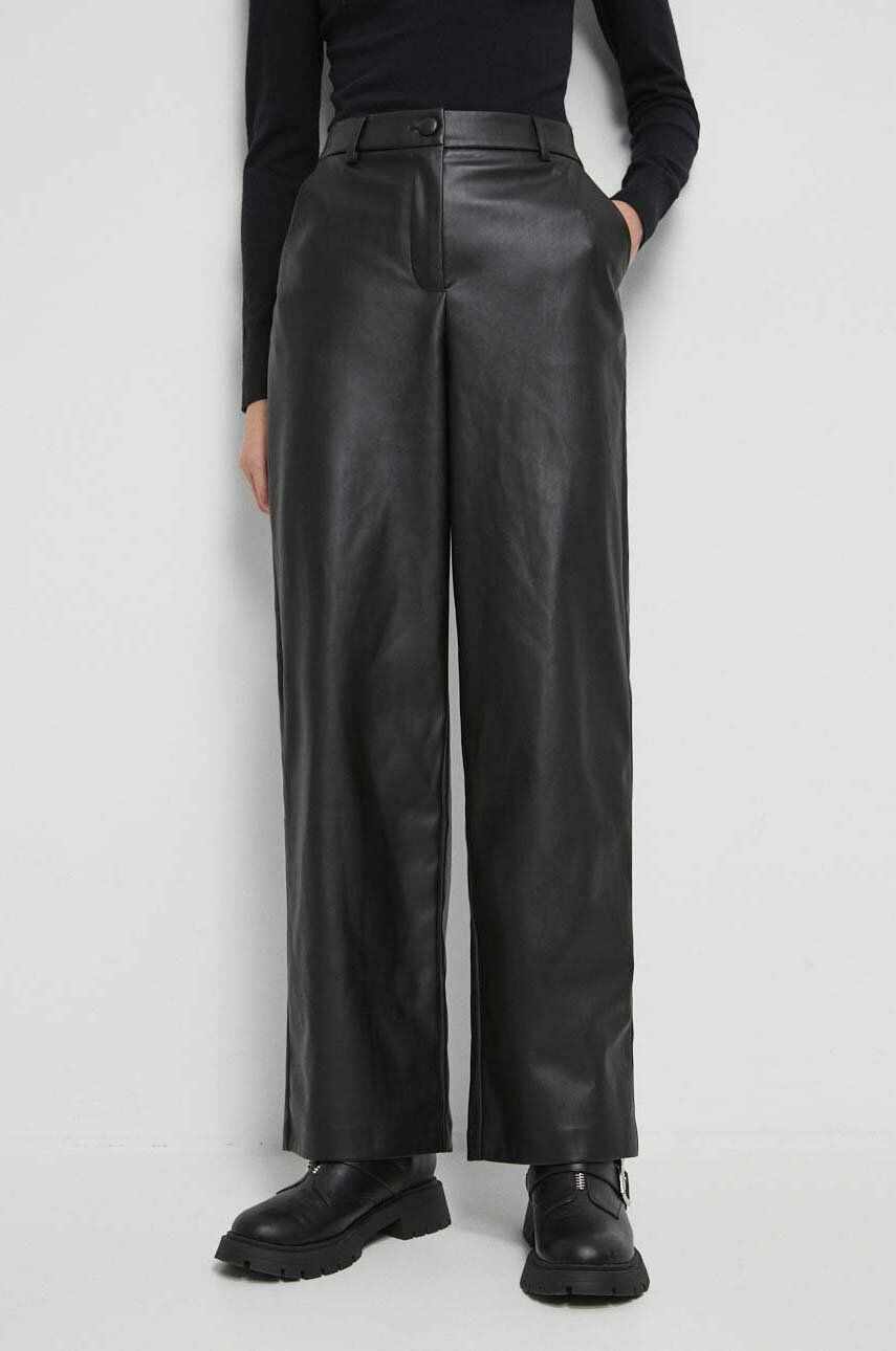 Medicine pantaloni femei, culoarea negru, lat, high waist