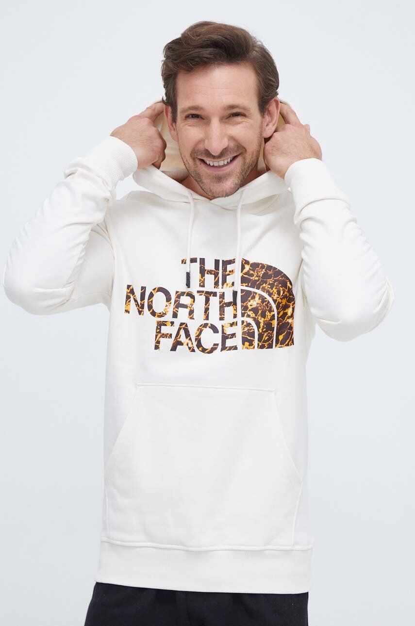 The North Face hanorac de bumbac barbati, culoarea bej, cu glugă, cu imprimeu
