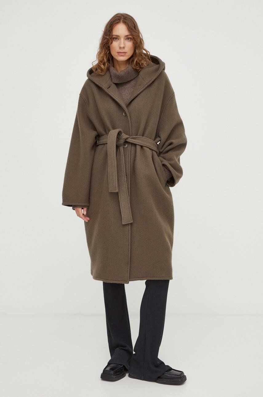 Samsoe Samsoe palton de lana culoarea maro, de tranzitie, oversize