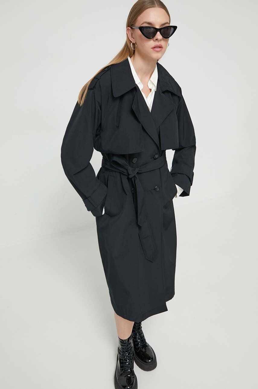 Abercrombie & Fitch palton femei, culoarea negru, de tranzitie, cu doua randuri de nasturi